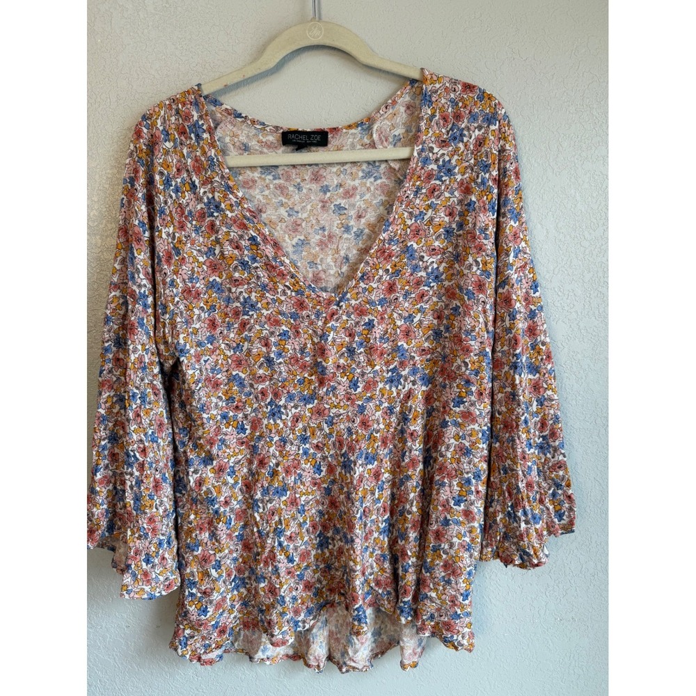 Rachel Zoe Floral V-Neck Bell Sleeve High Low Hem Top XL Flowy Coquette Blouse